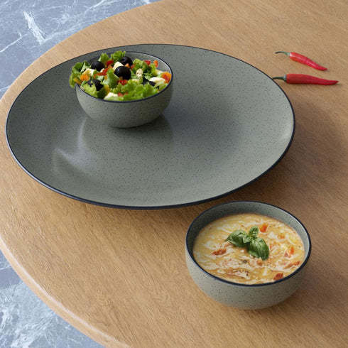 Handcrafted Glossy Grey Ceramic Dinner Plate with 2 Serving Bowl - The Earth Store - Dinnerware